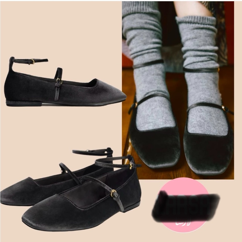 Zara Gray Velvet Ballet Flats shoes Buckle Strap Mary Jane Square size 9 40 NWT - Picture 2 of 12